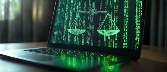 A laptop screen displaying the scales of justice made from green binary code, representing digital law and cyber intellectual property protection in an online platform for lawyer web design