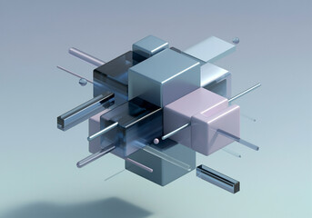 Poster - Abstract geometric shapes with metallic cubes and rods in modern digital style