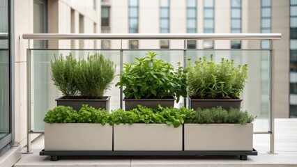 Aufkleber - A medium closeup of a small potted herb garden strategically arranged on a balcony showcasing the contrast of lush greens against modern minimalist railings and glass panels.