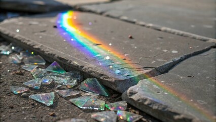 Aufkleber - A medium closeup of a smashed glass shard used for construction debris sharp edges refracting light into brilliant rainbows while the opaque gray of the surrounding mortar