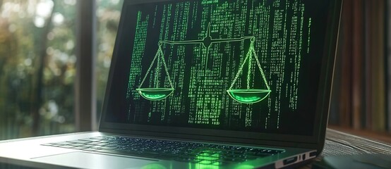 A laptop screen displaying the scales of justice made from green binary code, representing digital law and cyber intellectual property protection in an online platform for lawyer web design