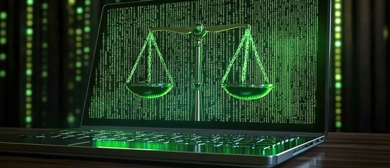 A laptop screen displaying the scales of justice made from green binary code, representing digital law and cyber intellectual property protection in an online platform for lawyer web design
