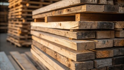 Aufkleber - A medium closeup of a stack of reclaimed wood planks focusing on the play of light and shadow across their surfaces creating a dynamic composition that highlights their rustic