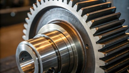 Fototapete - A medium closeup of a steel cogwheel revealing the gear teeths sharp angles and contours with sections of light glinting off its surface emphasizing the mechanical engineering