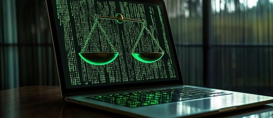 A laptop screen displaying the scales of justice made from green binary code, representing digital law and cyber intellectual property protection in an online platform for lawyer web design