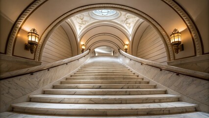 Aufkleber - A medium closeup of a sweeping staircase spiraling upwards featuring polished marble steps that converge into an elegantly arched ceiling with ornate lighting fixtures casting soft