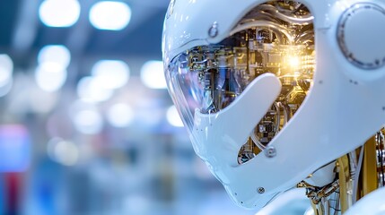 Poster - Futuristic robot with exposed mechanical components in a brightly lit space symbolizing AI and technology advancement : Generative AI