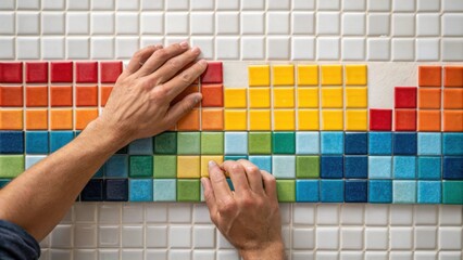 Aufkleber - A medium closeup of a tilers hands laying out vibrant mosaic tiles on a wall color and texture in focus reflecting the precision in alignment and artistic flair in creating