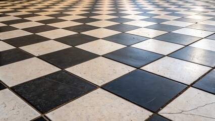 Aufkleber - A medium closeup of a tiled floor capturing the symmetry of square tiles arranged in a checkerboard pattern. The play of light and shadow across the surface accentuates the clean