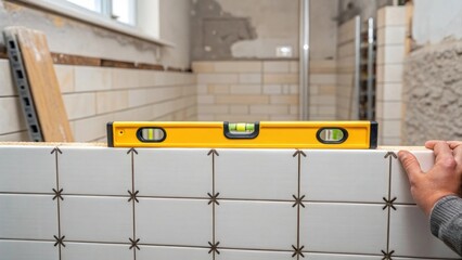 Fototapete - A medium closeup of a tiler using a level to ensure that wall tiles are perfectly aligned capturing the tool resting on the tiles with a background of halffinished walls.