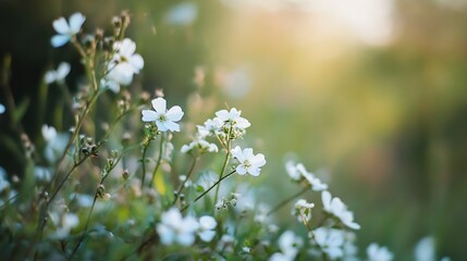 Poster - Delicate White Wildflowers in Bloom Bathed in Gentle Morning Sunlight : Generative AI