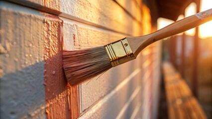 Poster - A medium closeup of a wall being painted with a brush showing the rich texture and strokes of color being applied as the light reflects off the freshly painted surface.