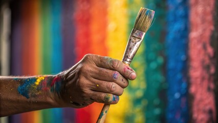 Poster - A medium closeup of a weathered hand gripping a paintbrush paint splatters adorning the fingers conveying the passion and creativity of the artistic process with vibrant colors on