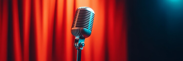 Aufkleber - Classic microphone waiting for a singer, comedian, or speaker, bathed in dramatic lighting against a vibrant red curtain backdrop, evoking live performance and entertainment