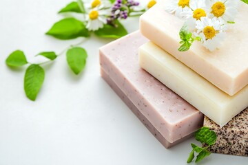 Poster - Natural Handmade Soap Bars with Chamomile and Fresh Herbs : Generative AI