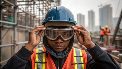 Aufkleber - A medium closeup of a worker adjusting their safety goggles reflecting a commitment to safety and preparedness amidst the chaos of ongoing construction activities.