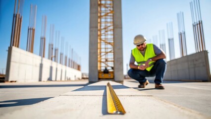 Aufkleber - A medium closeup of a worker checking the levels of a concrete foundation kneeling in the foreground with the massive support structure rising up in the background under blue