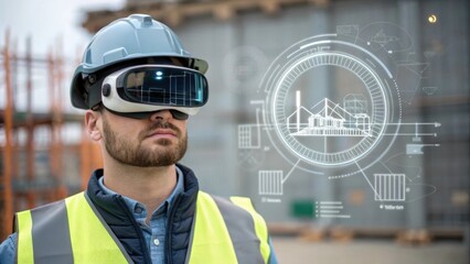Aufkleber - A medium closeup of a worker wearing augmented reality glasses interacting with holographic overlay showing construction progress symbolizing the convergence of VR and realtime