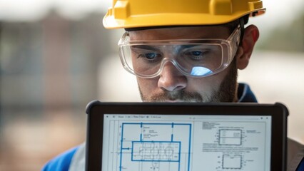 Aufkleber - A medium closeup of a worker wearing safety goggles and a hard hat intently focused on a tablet displaying blueprints illustrating the integration of technology in planning and