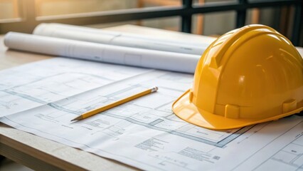 Aufkleber - A medium closeup of blueprints spread on a table with a hard hat and a pencil resting beside highlighting the transition from design to reality and the importance of planning in