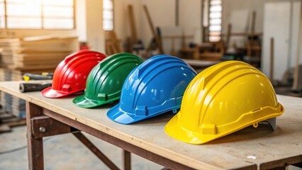 Poster - A medium closeup of colorful safety helmets resting on a workbench symbolizing protection and the importance of prioritizing safety in the pursuit of innovative construction.