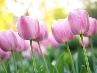 Poster - Delicate Pink Tulips in Bloom in a Lush Garden on a Sunny Day : Generative AI