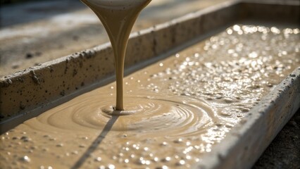 Aufkleber - A medium closeup of concrete pouring into a mold the creamy consistency adorned with flecks of aggregate showcasing the fluidity of the material while capturing the moment of