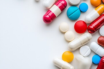 Poster - Assorted Colorful Pills and Capsules on White Background for Medical Use : Generative AI