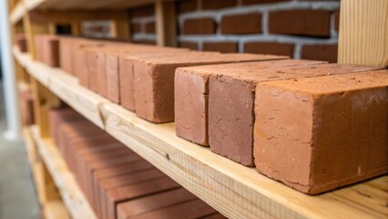 Aufkleber - A medium closeup of freshly shaped bricks lined up on a wooden shelf with some showing slight cracks and uneven surfaces giving a glimpse into the handmade quality of each piece.