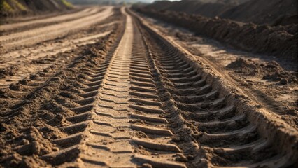 Poster - A medium closeup of heavy machinery tracks marking the soil capturing the patterns left behind as equipment moves to and fro symbolizing the progress and disruption of the