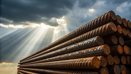 Poster - A medium closeup of metal rods stacked onsite with shafts of sunlight piercing through the clouds highlighting the textures of rust and rain reflecting both promise and