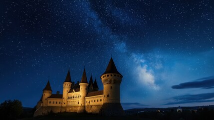 Wall Mural - a castle is lit up at night with a beautiful starry sky in the background