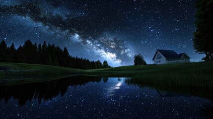 Wall Mural - a house is in the distance with a lake in front of it
