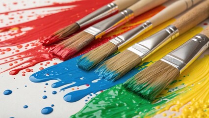 Poster - A medium closeup of paintbrushes dipping into vibrant colors with splashes of paint on the construction surface behind emphasizing the creative aspect of construction as an art