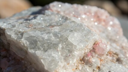 Poster - A medium closeup of quartzite presenting its crystalline texture with sparkling facets reflecting light in various angles while showcasing shades of white grey and hints of pink.