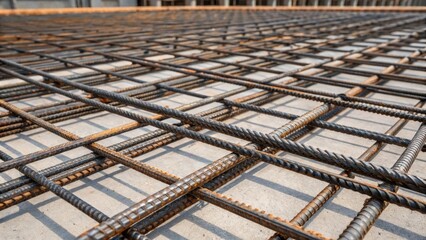 Poster - A medium closeup of rebar latticework tangled yet organized as it waits to be covered with concrete. The intersecting steel rods create a pattern that speaks to the buildings