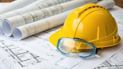 Poster - A medium closeup of safety gear including a hard hat and safety goggles atop a pile of construction plans underscoring the emphasis on safety during the building process.