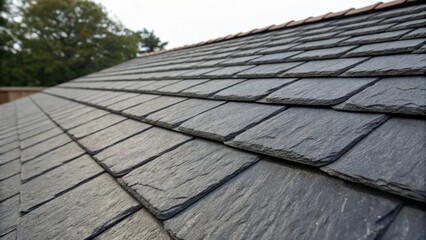 Poster - A medium closeup of roofing shingles made from repurposed rubber tires illustrating the textured surface that mimics traditional shingles while offering sustainable durability.