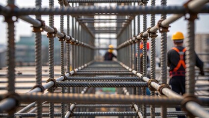 Aufkleber - A medium closeup of scaffolding as workers navigate its structure the interwoven metal bars capturing the complexity of the construction process and offering a glimpse into the