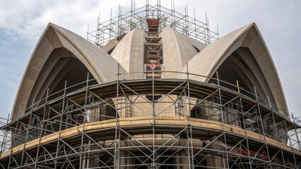 Aufkleber - A medium closeup of scaffolding intertwining with a partially completed structure revealing the intricate dance of form and function showcasing the artistic arrangement of