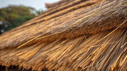 Fototapete - A medium closeup of thatched roofing focusing on the layered strands of dried grass showcasing their co texture and warm golden tones with delicate strands catching the light in a