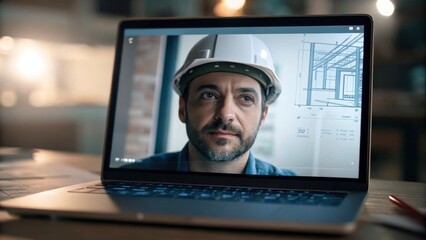 Poster - A medium closeup of the architects face illuminated by the screen of a laptop displaying the virtual reality software conveying concentration and engagement with the design
