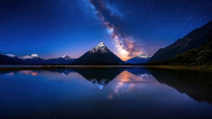 Wall Mural - a beautiful night sky with a lake and mountains in the background