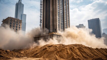 Aufkleber - A medium closeup of the base of the skyscraper where piles are being driven deep into the ground showcasing the foundational strength that supports the soaring structure above with
