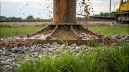 Poster - A medium closeup of the cranes base framed by grass and gravel as mud splatters up the sides from the turbulent wind underscoring the raw power of nature encountering human