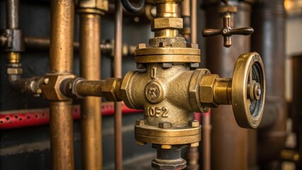 Aufkleber - A medium closeup of the intricate valve system showcasing a shiny brass valve and various connecting pipes with vivid details of small markings and wear from years of use.