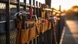 © DigitalSpace - A medium closeup of tool belts hanging from a fence with the soft glow of morning highlighting the various tools creating a sense of readiness amidst stillness.