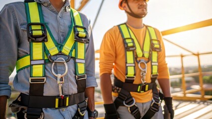 Poster - A medium closeup of the workers fully equipped safety harness reflecting sunlight displaying the multiple attachment points which promise reliability at high elevations.