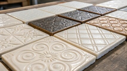 Poster - A medium closeup of tiles made from recycled porcelain highlighting their glossy surface and intricate designs showcasing how waste can be transformed into beautiful materials.