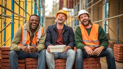 Poster - A medium closeup of three construction workers seated on stacked materials with one holding a lunchbox all erupting in laughter. The background shows vibrant scaffolding adding to